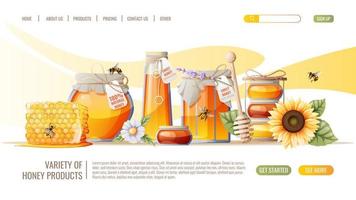 miele prodotti. favi, vaso di Miele, api. miele negozio pagina web design modello. vettore illustrazione per striscione, annuncio, ragnatela pagina, copertina