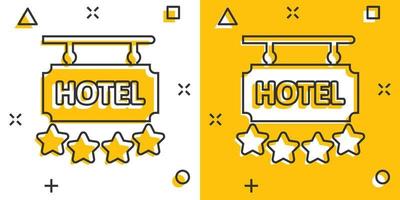 Hotel 4 stelle cartello icona nel comico stile. Locanda cartone animato vettore illustrazione su bianca isolato sfondo. ostello camera informazione spruzzo effetto attività commerciale concetto.