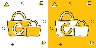 eco Borsa icona nel comico stile. ecobag cartone animato vettore illustrazione su bianca isolato sfondo. riutilizzabile acquirente spruzzo effetto cartello attività commerciale concetto.