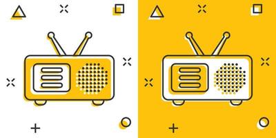 Radio icona nel comico stile. fm trasmissione cartone animato vettore illustrazione su bianca isolato sfondo. trasmissione radiofonica spruzzo effetto attività commerciale concetto.