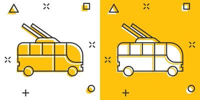 filobus icona nel comico stile. carrello autobus cartone animato vettore illustrazione su bianca isolato sfondo. autobus veicolo spruzzo effetto attività commerciale concetto.
