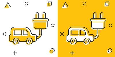 elettrico auto icona nel comico stile. elettro auto cartone animato vettore illustrazione su bianca isolato sfondo. ecologia trasporto spruzzo effetto attività commerciale concetto.