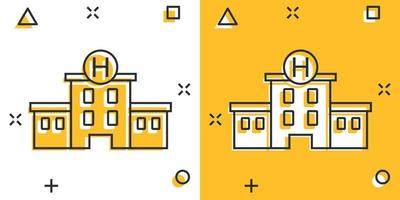 ospedale edificio icona nel comico stile. medico clinica cartone animato vettore illustrazione su isolato sfondo. medicina spruzzo effetto cartello attività commerciale concetto.