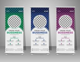 attività commerciale rotolo su impostare. standee design. bandiera modello, astratto blu geometrico triangolo sfondo vettore, presentazione, volantino, esposizione Schermo vettore