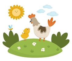 vettore gallina con bambino pollo su prato sotto il sole. carino cartone animato famiglia scena illustrazione per bambini. azienda agricola uccelli su natura sfondo. colorato madre e bambino animali immagine per bambini