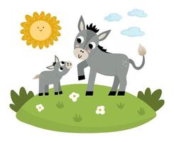 vettore asino con bambino su un' prato sotto il sole. carino cartone animato famiglia scena illustrazione per bambini. azienda agricola animali su naturale sfondo. colorato piatto madre e bambino immagine per bambini