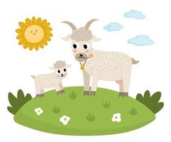 vettore capra con bambino su un' prato sotto il sole. carino cartone animato famiglia scena illustrazione per bambini. azienda agricola animali su naturale sfondo. colorato piatto madre e bambino immagine per bambini