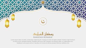 bianca e blu lusso islamico arco sfondo con decorativo ornamento modello e lanterne vettore