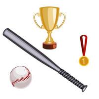 baseball vincitore impostato con pipistrello, sfera, oro medaglia, e tazza vettore