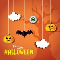 Halloween zucche cartoni animati nuvole occhio e pipistrello sospeso vettore design