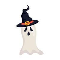 Halloween, pauroso fantasma utilizzando cappello strega nel bianca sfondo vettore