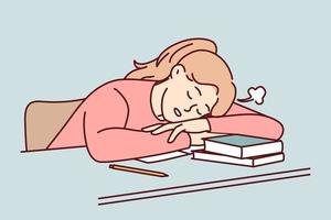stanco giovane femmina alunno autunno addormentato su scrivania afflitto con studiando. esausto ragazza dormire su tavolo soffrire a partire dal esaurimento e fatica apprendimento. vettore illustrazione.