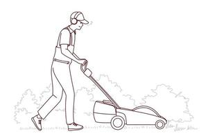 uomo nel uniforme tagliare erba con elettrico prato tosaerba. dipendente o lavoratore spingere erba trimmer macchina all'aperto. vettore illustrazione.