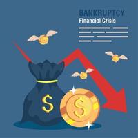 bandiera fallimento finanziario crisi, Borsa i soldi con freccia giù e monete volante vettore