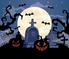 contento Halloween bandiera con zucche, pipistrelli volare, nel cimitero scena vettore