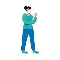 giovane donna utilizzando maschera medica e smartphone vettore
