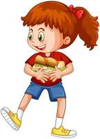 una ragazza che tiene il personaggio dei cartoni animati di cibo isolato su priorità bassa bianca vettore