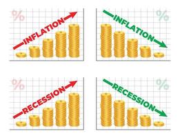 inflazione e recessione Infografica con monete bar e freccia grafico andando su e giù crescita di finanziario e economia attività commerciale isolato su bianca sfondo. vettore