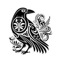 selvaggio tribale Corvo su un' albero ramo. decorativo, monocromatico illustrazione per logo, emblema, mascotte, ricamo, legna bruciando, lavorazione. vettore