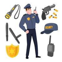 polizia o poliziotto sicurezza guardia oggetti con pistola, torcia elettrica scudo, bastone, walkie talkie e cappello