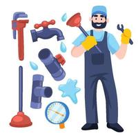 idraulico lavoro lavoratore personaggio attrezzo attrezzatura oggetti con pistone, chiave inglese, tubo, rubinetto e acqua pressione metro. piatto illustrazione