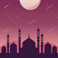 moschea silhouette a notte con Luna e meteora pioggia adatto per islamico tema illustrazione vettore