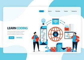 homepage vettoriale per l'apprendimento della programmazione e della codifica. sviluppo di applicazioni con un semplice linguaggio di programmazione. illustrazione piatta per pagina di destinazione, modello, ui ux, web, app mobile, banner, volantino