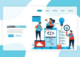 homepage vettoriale per l'apprendimento della programmazione e della codifica. sviluppo di applicazioni con un semplice linguaggio di programmazione. illustrazione piatta per pagina di destinazione, modello, ui ux, web, app mobile, banner, volantino