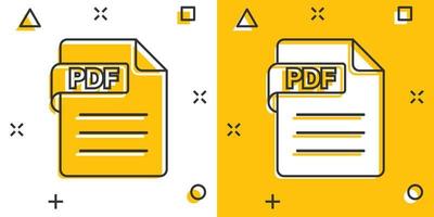 PDF icona nel comico stile. documento testo vettore cartone animato illustrazione su bianca isolato sfondo. archivio spruzzo effetto attività commerciale concetto.