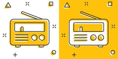 Radio icona nel comico stile. fm trasmissione cartone animato vettore illustrazione su bianca isolato sfondo. trasmissione radiofonica spruzzo effetto attività commerciale concetto.