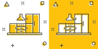 cucina mobilia icona nel comico stile. cucina cartone animato vettore illustrazione su bianca isolato sfondo. cucinando camera spruzzo effetto attività commerciale concetto.