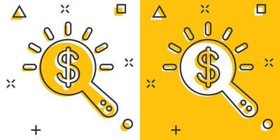 lente d'ingrandimento bicchiere con i soldi icona nel comico stile. dollaro ricerca cartone animato vettore illustrazione su bianca isolato sfondo. finanziario moneta spruzzo effetto attività commerciale concetto.