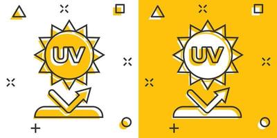 uv radiazione icona nel comico stile. ultravioletto cartone animato vettore illustrazione su bianca isolato sfondo. solare protezione spruzzo effetto attività commerciale concetto.