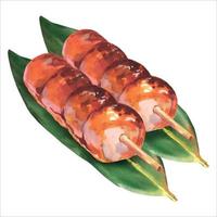 impostato di giapponese famoso tradizionale merenda dango su le foglie nory dipinto con acquerello stile nel bianca sfondo. asiatico cibo. vettore