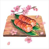 acquerello impostato di giapponese famoso tradizionale merenda dango su le foglie nory dipinto su di legno tavola con ramo di sakura su bianca sfondo. asiatico cibo. vettore