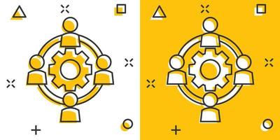 vettore cartone animato esternalizzazione collaborazione icona nel comico stile. persone cooperazione concetto illustrazione pittogramma. lavoro di squadra attività commerciale spruzzo effetto concetto.