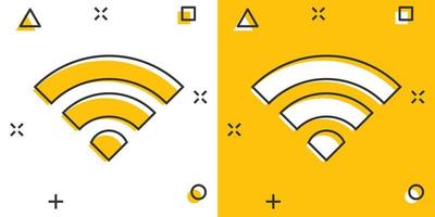 Wi-Fi Internet icona nel comico stile. Wi-Fi senza fili tecnologia vettore cartone animato illustrazione pittogramma. Rete Wi-Fi attività commerciale concetto spruzzo effetto.