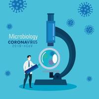 microbiologia per covid 19 con medico e microscopio vettore