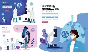 impostare poster di microbiologia per covid 19 e icone mediche vettore