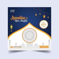 Ramadan buffet iftar sociale media inviare striscione. Ramadan tema cibo consegna piazza bandiera con lanterna. vettore