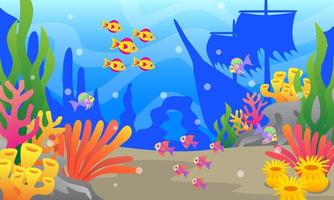 subacqueo scenario illustrazioni, colorato pesce, coralli, scogliere, marino impianti, in profondità mare, naufragato, figli di libro illustrazioni, manifesti, siti web, mobile applicazioni, e Di Più vettore