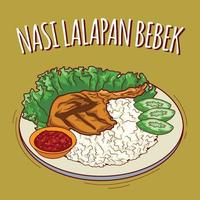 nasi lalapan bebek illustrazione indonesiano cibo con cartone animato stile vettore