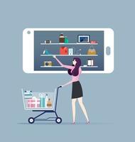 shopping online - donna che compera online tramite smartphone. vettore