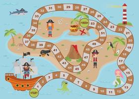 cartone animato pirata Tesoro carta geografica per bambini. tavola gioco. il carta geografica ha un' carino sirena, pirati, un polpo, un' squalo, un' faro, un' Tesoro isola, un' il petto e un' nave. vettore