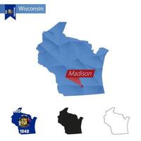 stato di Wisconsin blu Basso poli carta geografica con capitale madison. vettore