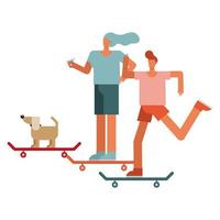 giovane coppia e cane a cavallo skateboard vettore