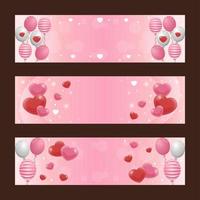 elegante set di banner di San Valentino con palloncino cuore rosa e rosso morbido vettore