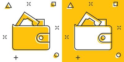 portafoglio icona nel comico stile. borsa cartone animato vettore illustrazione su bianca isolato sfondo. finanza Borsa spruzzo effetto attività commerciale concetto.