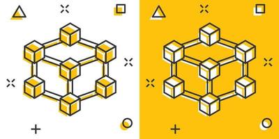 vettore cartone animato blockchain tecnologia icona nel comico stile. crittografia cubo bloccare concetto illustrazione pittogramma. blockchain algoritmo attività commerciale spruzzo effetto concetto.