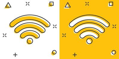Wi-Fi Internet icona nel comico stile. Wi-Fi senza fili tecnologia vettore cartone animato illustrazione pittogramma. Rete Wi-Fi attività commerciale concetto spruzzo effetto.